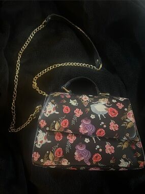 Black Floral Alice in Wonderland Print Loungefly Purse- Orlando FL Disney World
